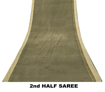 Sanskriti Vintage Green Soft Pure Crepe Silk Sari Hand Block Printed Saree 5.5Yd
