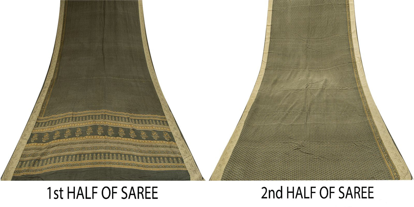 Sanskriti Vintage Green Soft Pure Crepe Silk Sari Hand Block Printed Saree 5.5Yd