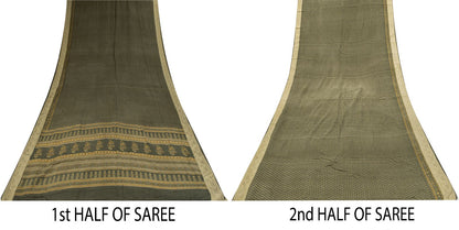 Sanskriti Vintage Green Soft Pure Crepe Silk Sari Hand Block Printed Saree 5.5Yd
