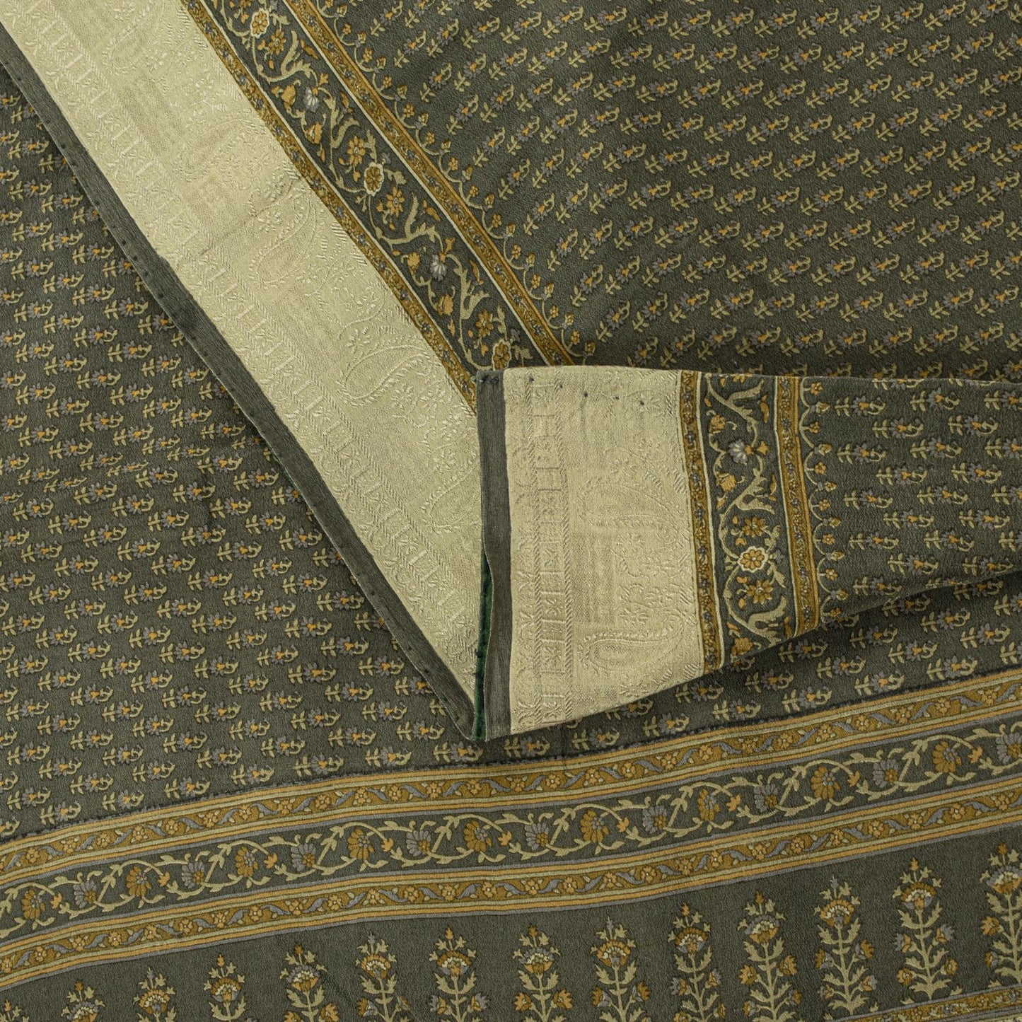 Sanskriti Vintage Green Soft Pure Crepe Silk Sari Hand Block Printed Saree 5.5Yd
