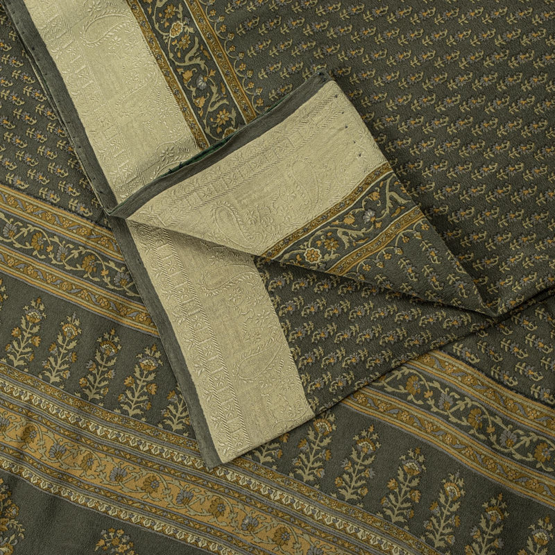 Sanskriti Vintage Green Soft Pure Crepe Silk Sari Hand Block Printed Saree 5.5Yd