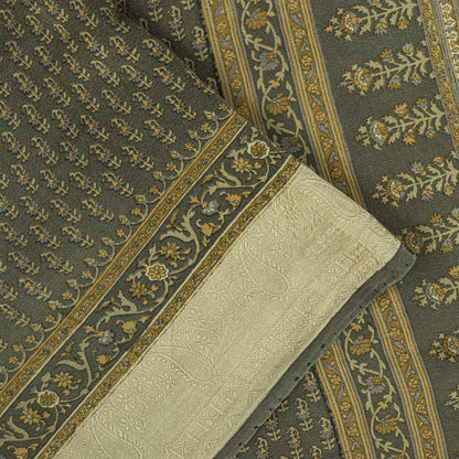 Sanskriti Vintage Green Soft Pure Crepe Silk Sari Hand Block Printed Saree 5.5Yd