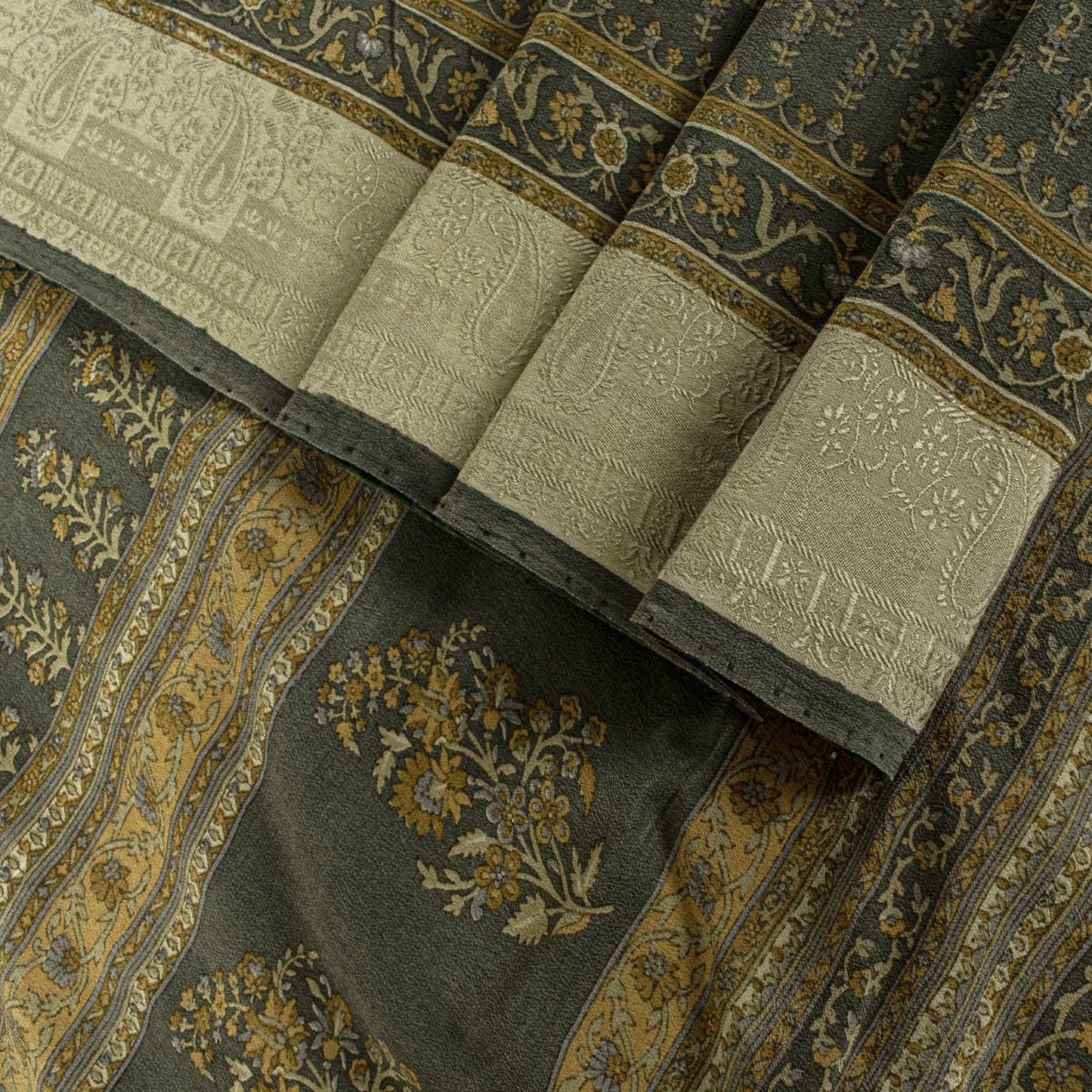 Sanskriti Vintage Green Soft Pure Crepe Silk Sari Hand Block Printed Saree 5.5Yd