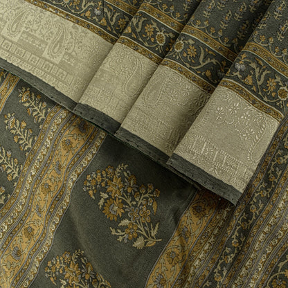 Sanskriti Vintage Green Soft Pure Crepe Silk Sari Hand Block Printed Saree 5.5Yd
