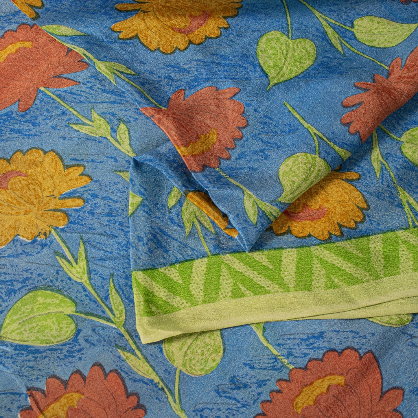 Sanskriti Vintage Blue Soft Pure Crepe Silk Sari Floral Digital Print Saree 5.5Y