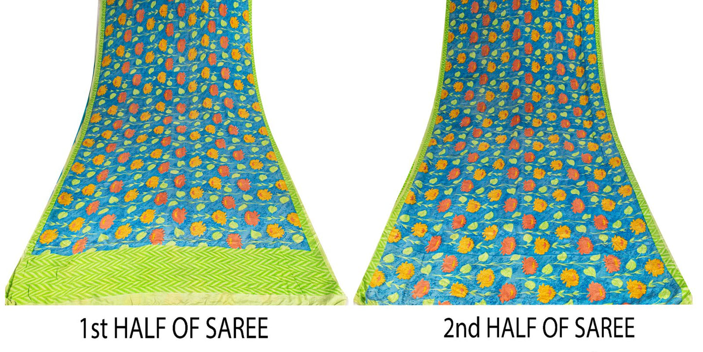 Sanskriti Vintage Blue Soft Pure Crepe Silk Sari Floral Digital Print Saree 5.5Y