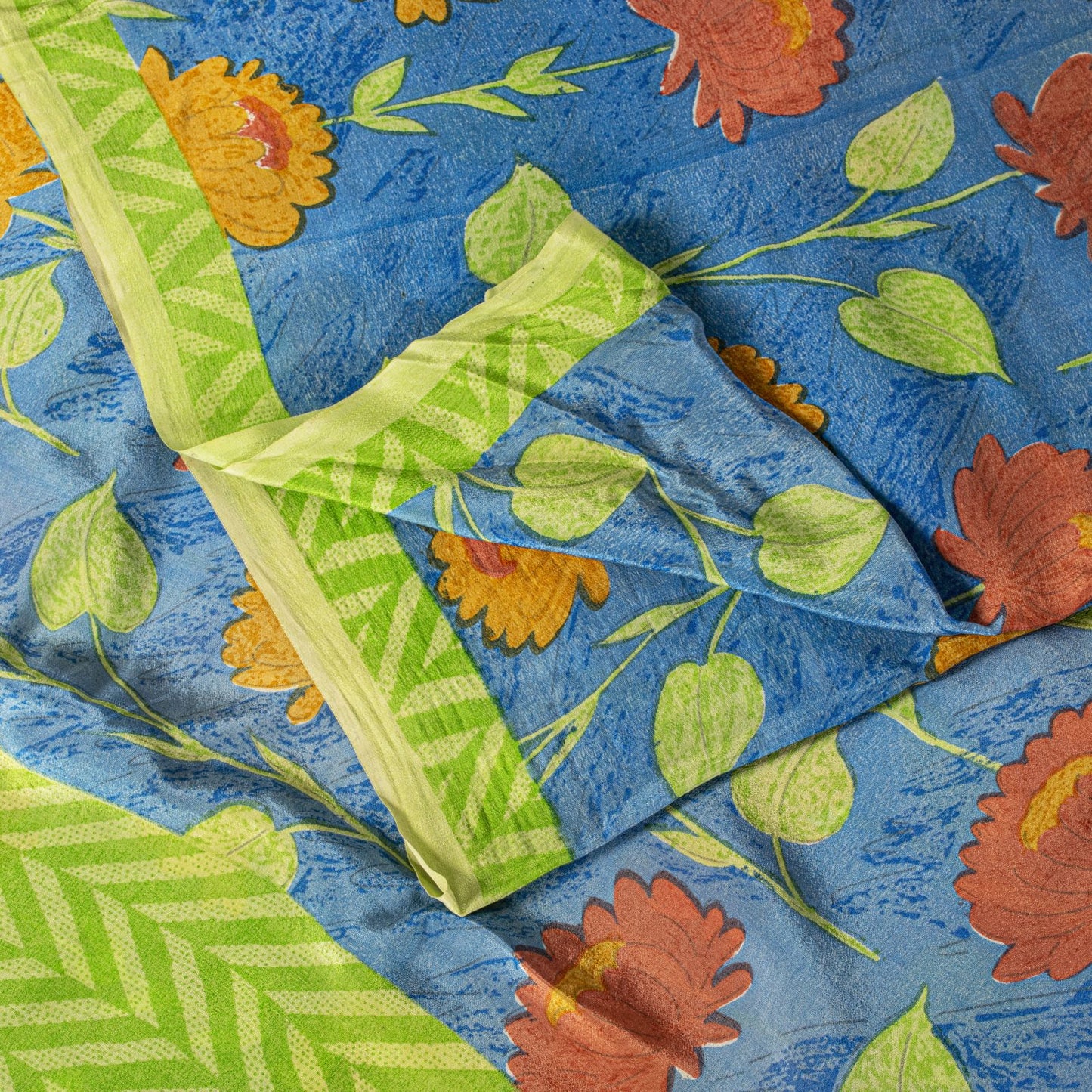 Sanskriti Vintage Blue Soft Pure Crepe Silk Sari Floral Digital Print Saree 5.5Y