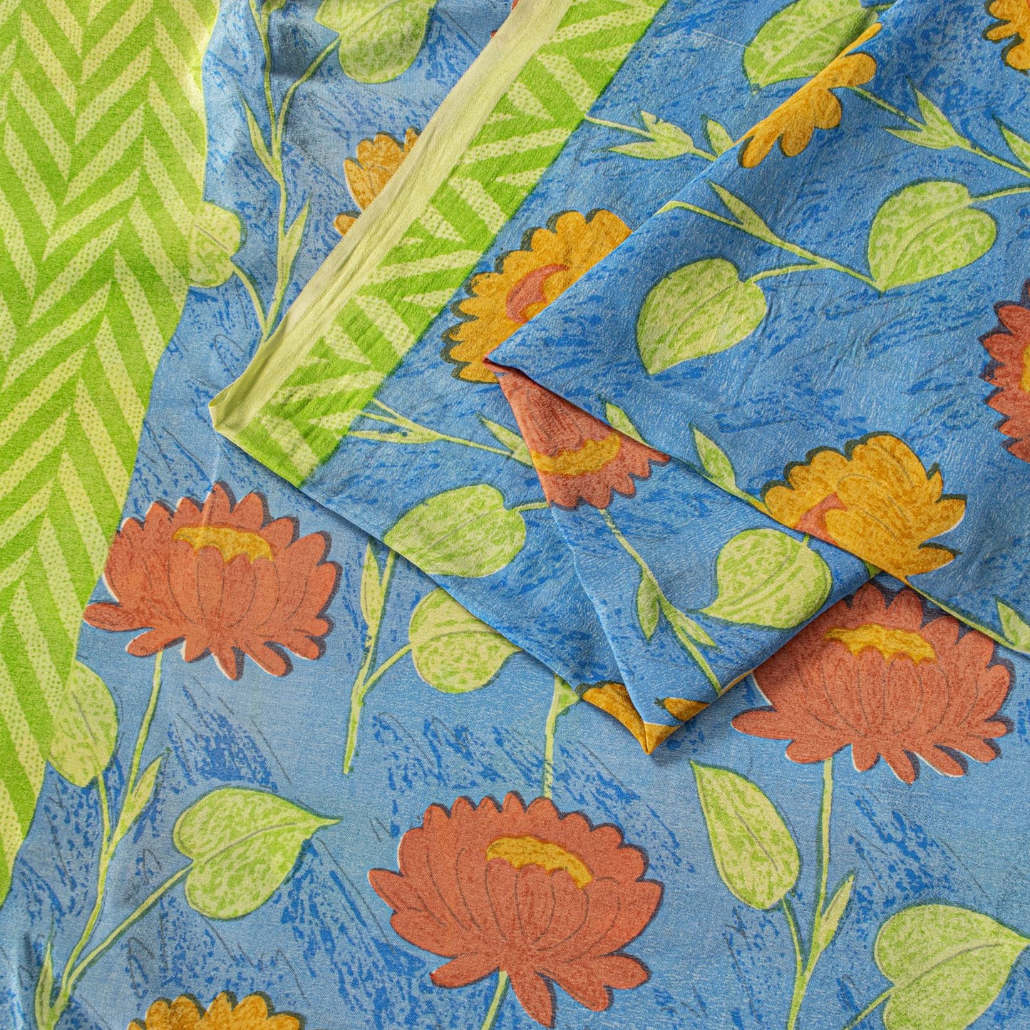 Sanskriti Vintage Blue Soft Pure Crepe Silk Sari Floral Digital Print Saree 5.5Y