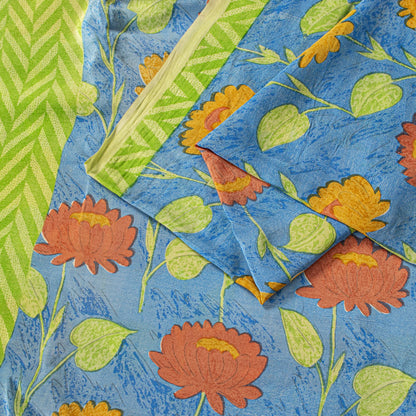 Sanskriti Vintage Blue Soft Pure Crepe Silk Sari Floral Digital Print Saree 5.5Y