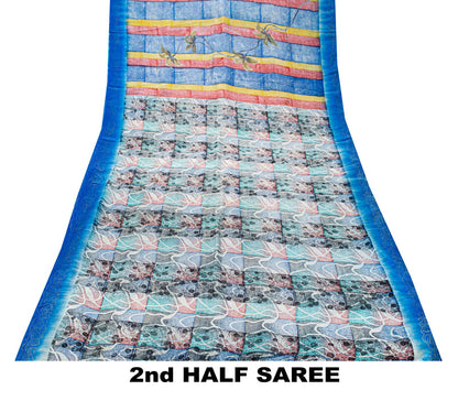 Sanskriti Vintage Blue Soft Sari 100% Pure Crepe Silk Abstract Print Saree 5.5Yd