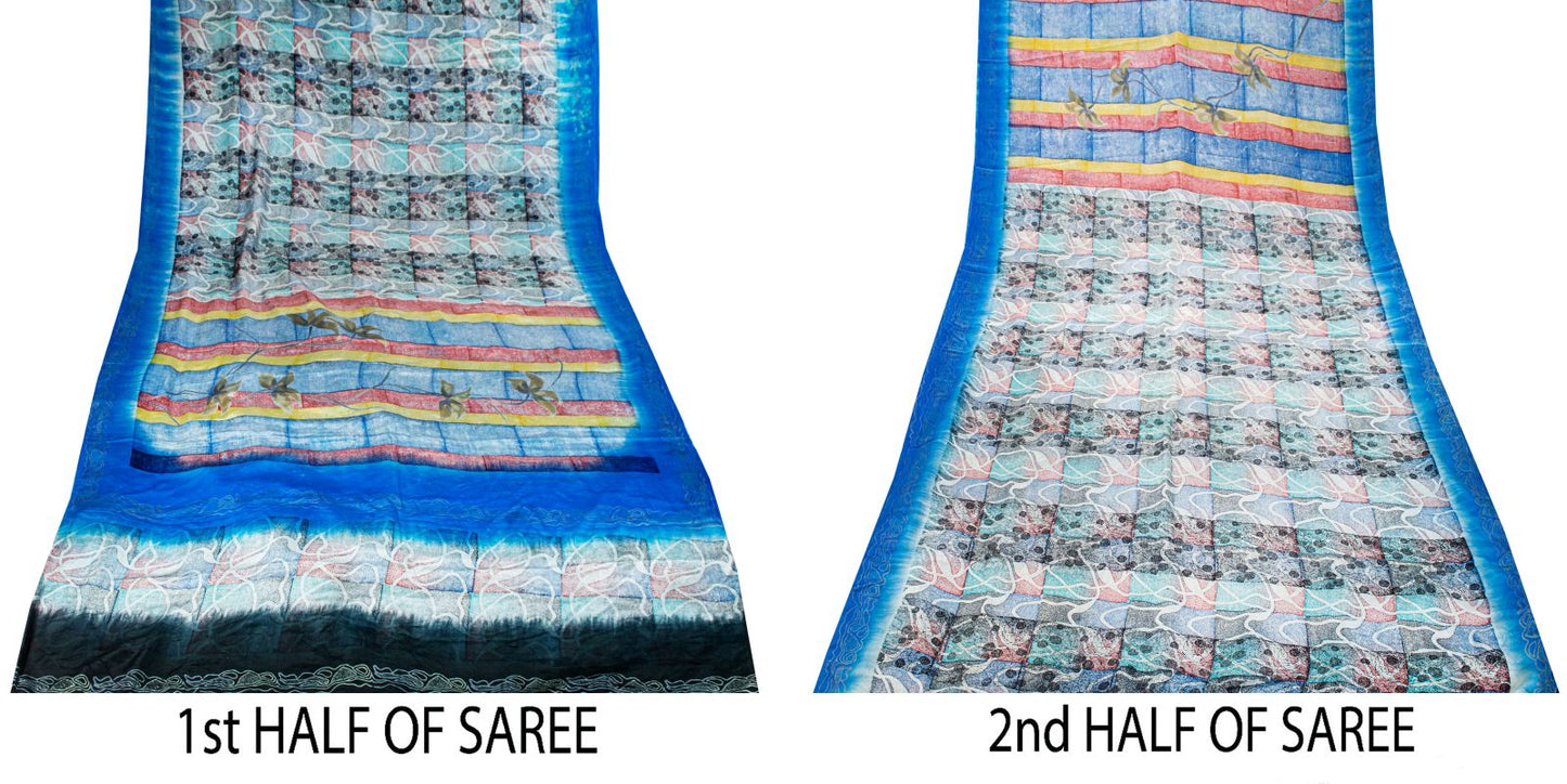Sanskriti Vintage Blue Soft Sari 100% Pure Crepe Silk Abstract Print Saree 5.5Yd