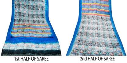 Sanskriti Vintage Blue Soft Sari 100% Pure Crepe Silk Abstract Print Saree 5.5Yd
