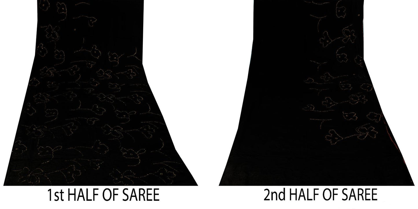 Sanskriti Vintage Soft Pure Crepe Silk Hand Embroidered Sequins Sari Saree 5.5Yd