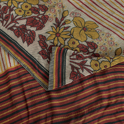 Sanskriti Vintage Beige Soft Pure Crepe SilkSari Floral Print Saree 5.5Yd Fabric