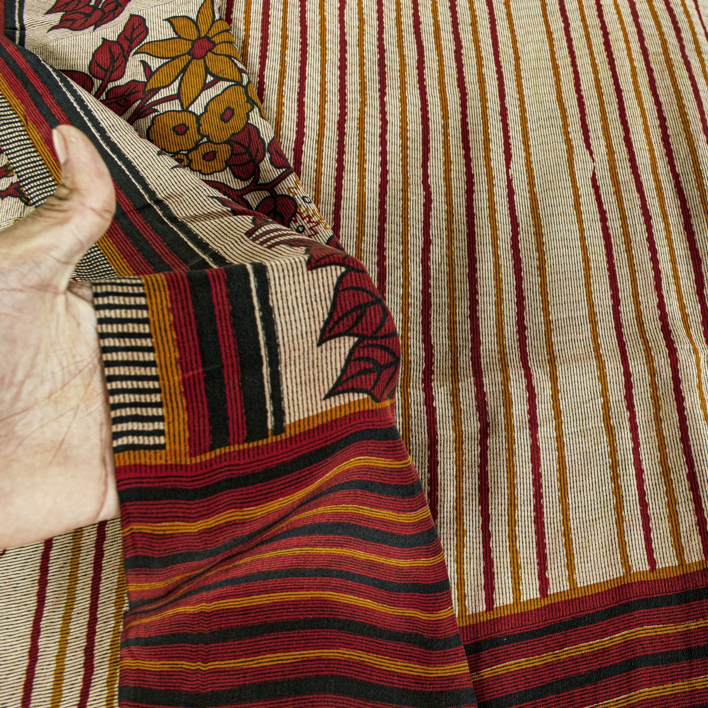 Sanskriti Vintage Beige Soft Pure Crepe SilkSari Floral Print Saree 5.5Yd Fabric