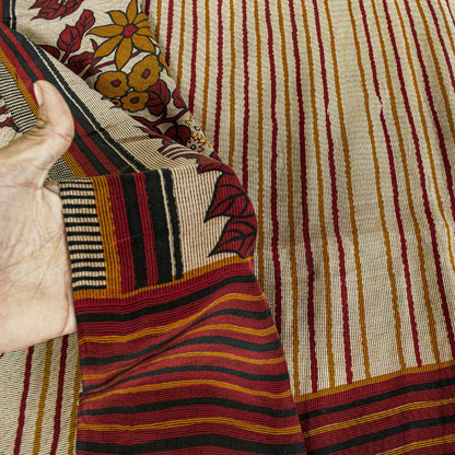 Sanskriti Vintage Beige Soft Pure Crepe SilkSari Floral Print Saree 5.5Yd Fabric