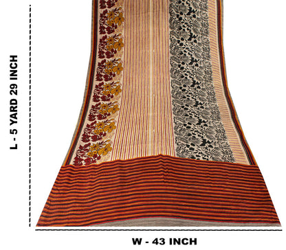 Sanskriti Vintage Beige Soft Pure Crepe SilkSari Floral Print Saree 5.5Yd Fabric