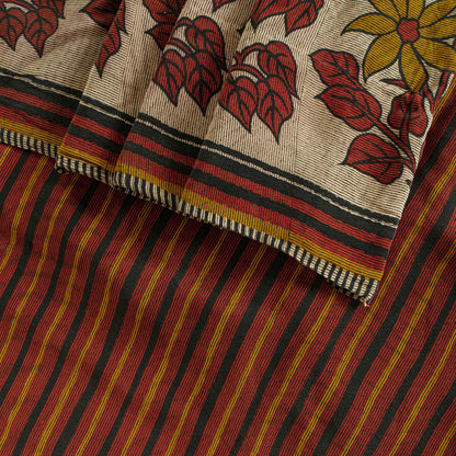 Sanskriti Vintage Beige Soft Pure Crepe SilkSari Floral Print Saree 5.5Yd Fabric