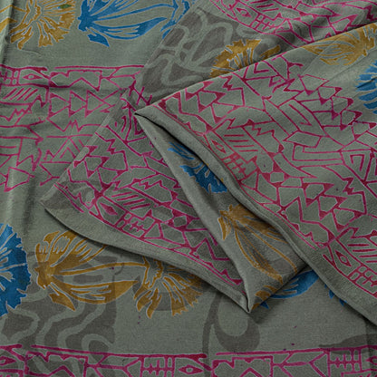 Sanskriti Vintage Green Soft Pure Crepe Silk Sari Leaf Handblock Print Saree 5+Y