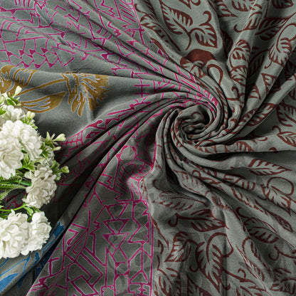 Sanskriti Vintage Green Soft Pure Crepe Silk Sari Leaf Handblock Print Saree 5+Y