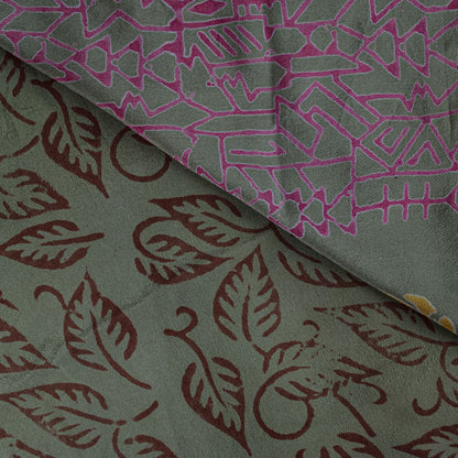 Sanskriti Vintage Green Soft Pure Crepe Silk Sari Leaf Handblock Print Saree 5+Y