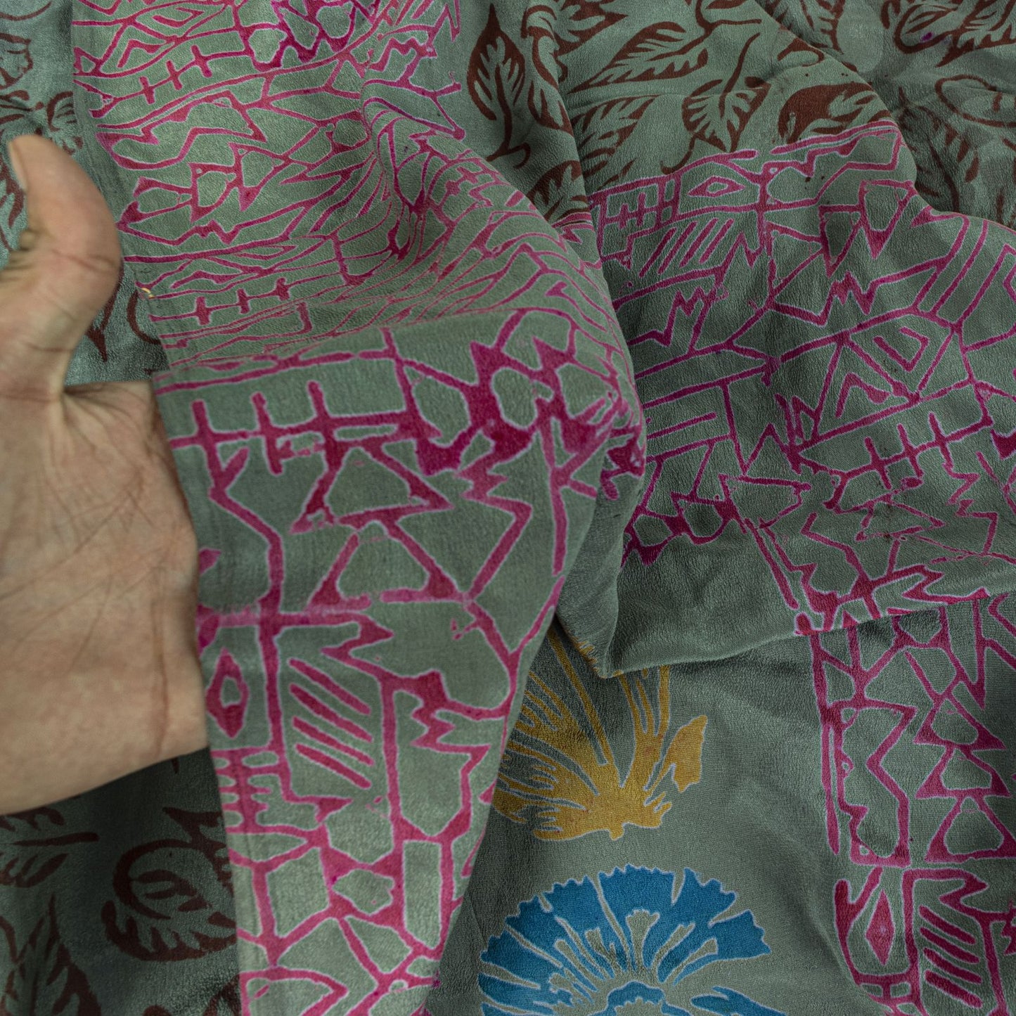 Sanskriti Vintage Green Soft Pure Crepe Silk Sari Leaf Handblock Print Saree 5+Y