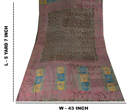 Sanskriti Vintage Green Soft Pure Crepe Silk Sari Leaf Handblock Print Saree 5+Y