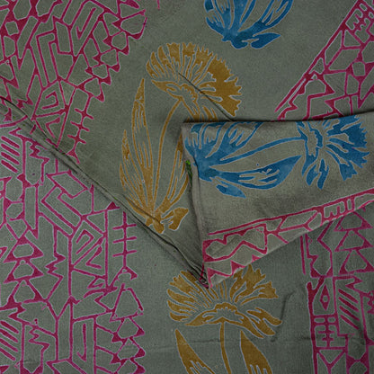 Sanskriti Vintage Green Soft Pure Crepe Silk Sari Leaf Handblock Print Saree 5+Y
