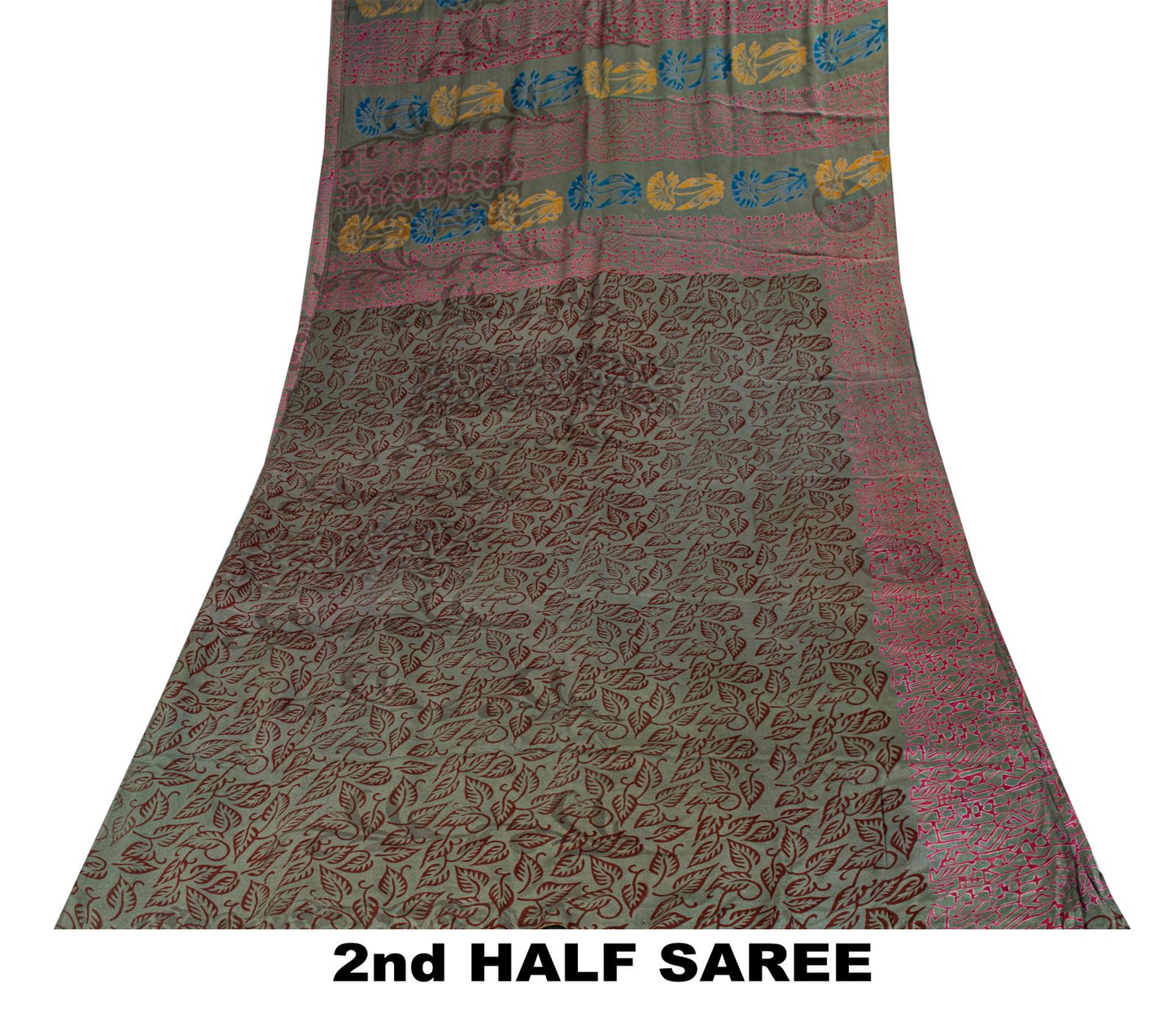Sanskriti Vintage Green Soft Pure Crepe Silk Sari Leaf Handblock Print Saree 5+Y
