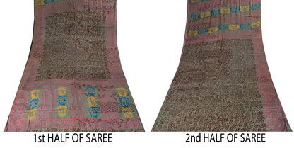 Sanskriti Vintage Green Soft Pure Crepe Silk Sari Leaf Handblock Print Saree 5+Y