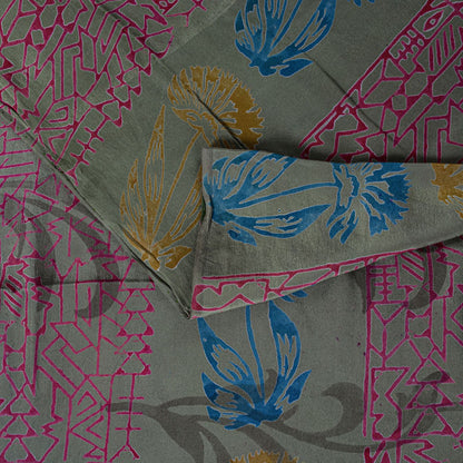Sanskriti Vintage Green Soft Pure Crepe Silk Sari Leaf Handblock Print Saree 5+Y