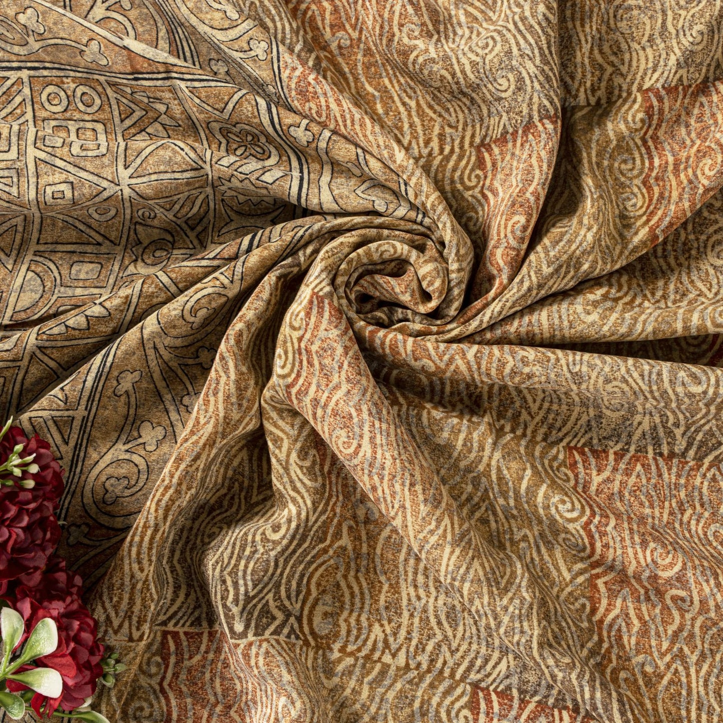 Sanskriti Vintage Soft Cream 100%Pure Crepe Silk Sari Abstract Print Saree 5.5Yd