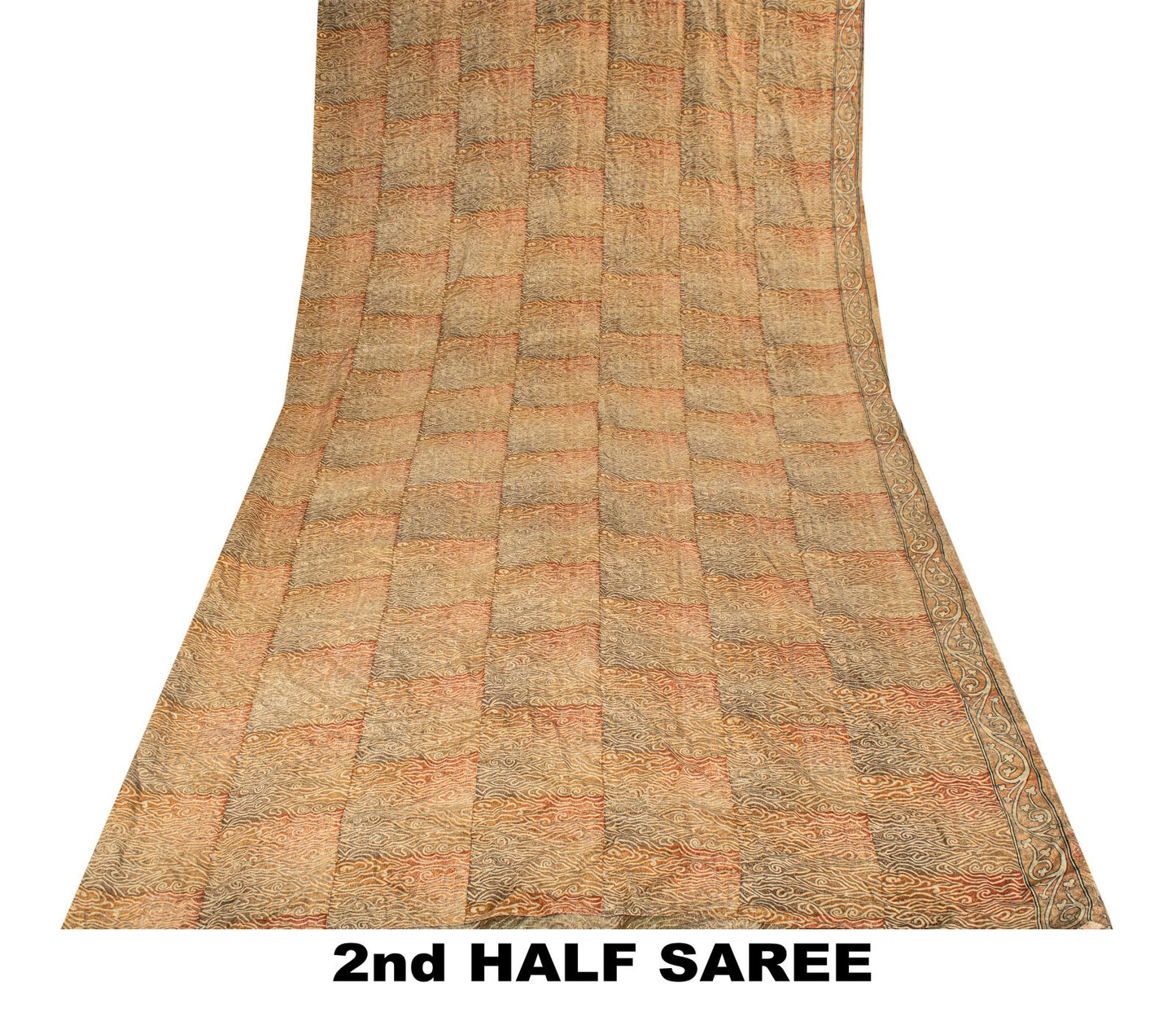 Sanskriti Vintage Soft Cream 100%Pure Crepe Silk Sari Abstract Print Saree 5.5Yd