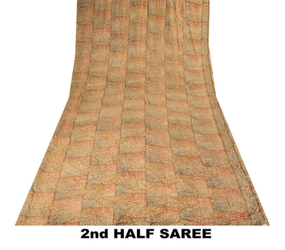 Sanskriti Vintage Soft Cream 100%Pure Crepe Silk Sari Abstract Print Saree 5.5Yd
