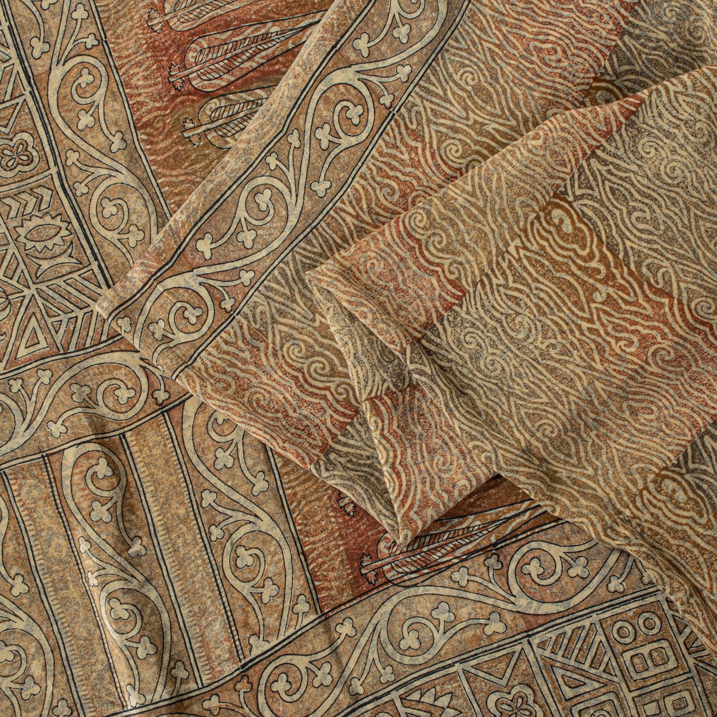 Sanskriti Vintage Soft Cream 100%Pure Crepe Silk Sari Abstract Print Saree 5.5Yd