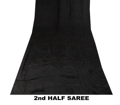 Sanskriti Vintage Soft Black Pure Crepe Silk Sari Embroidered Saree 5.5Yd Fabric