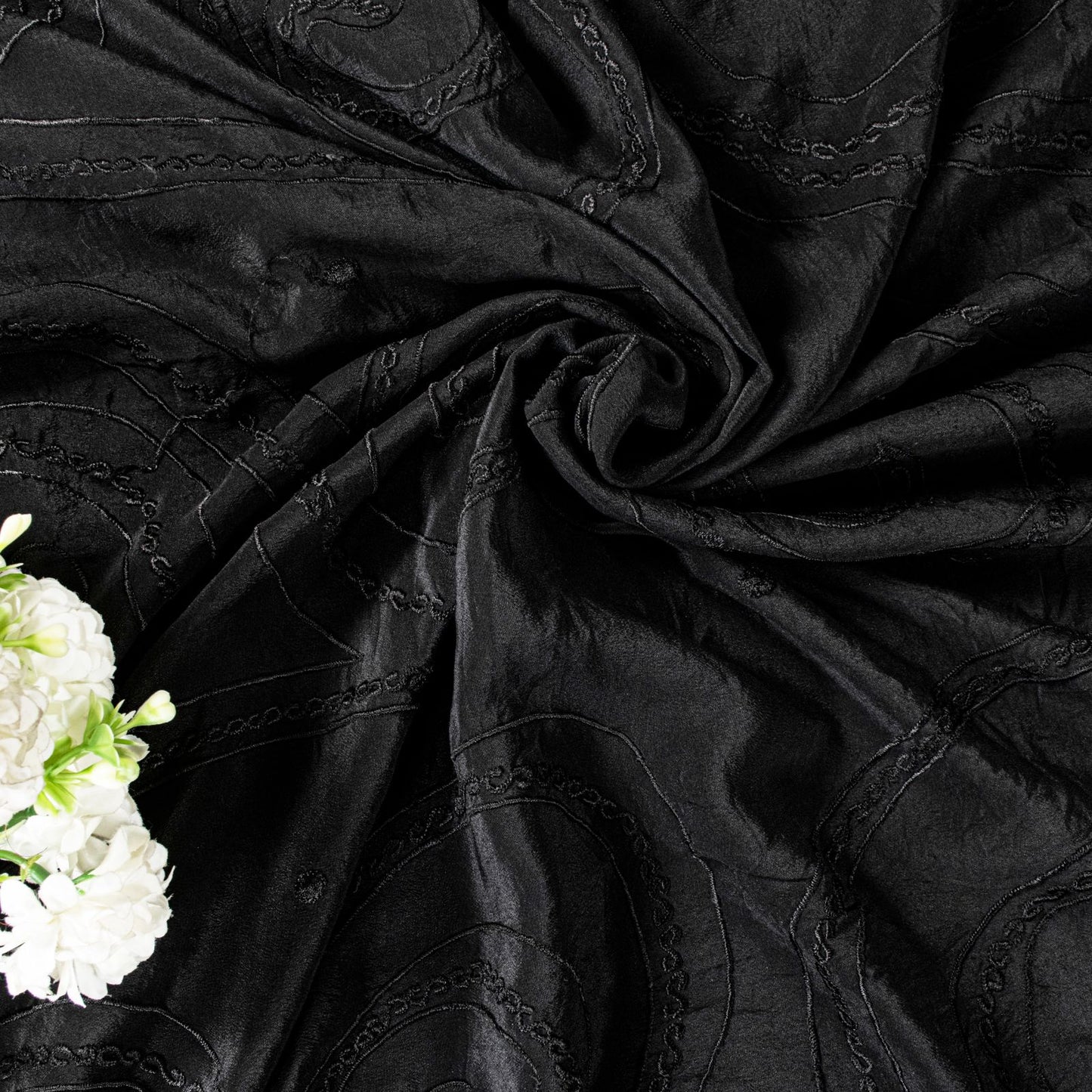 Sanskriti Vintage Soft Black Pure Crepe Silk Sari Embroidered Saree 5.5Yd Fabric