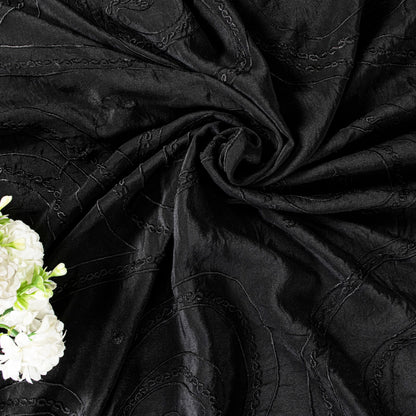 Sanskriti Vintage Soft Black Pure Crepe Silk Sari Embroidered Saree 5.5Yd Fabric