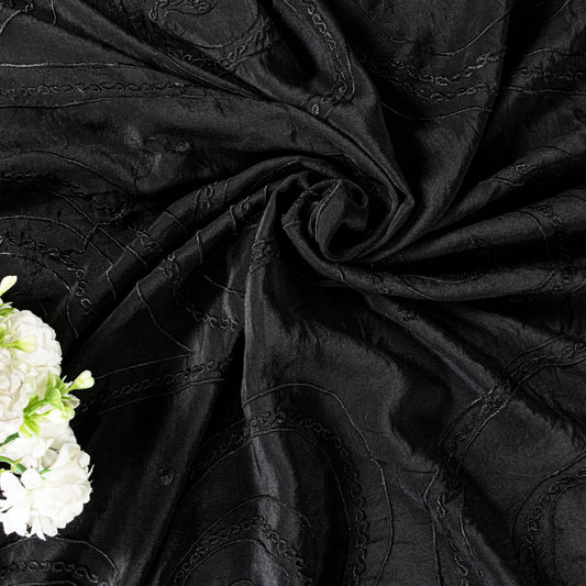 Sanskriti Vintage Soft Black Pure Crepe Silk Sari Embroidered Saree 5.5Yd Fabric