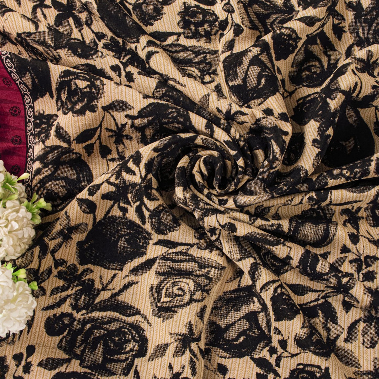 Sanskriti Vintage Cream-Black Pure Crepe Sari Floral Digital Printed Saree 5.5Yd