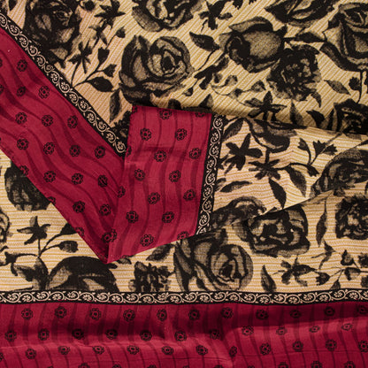 Sanskriti Vintage Cream-Black Pure Crepe Sari Floral Digital Printed Saree 5.5Yd