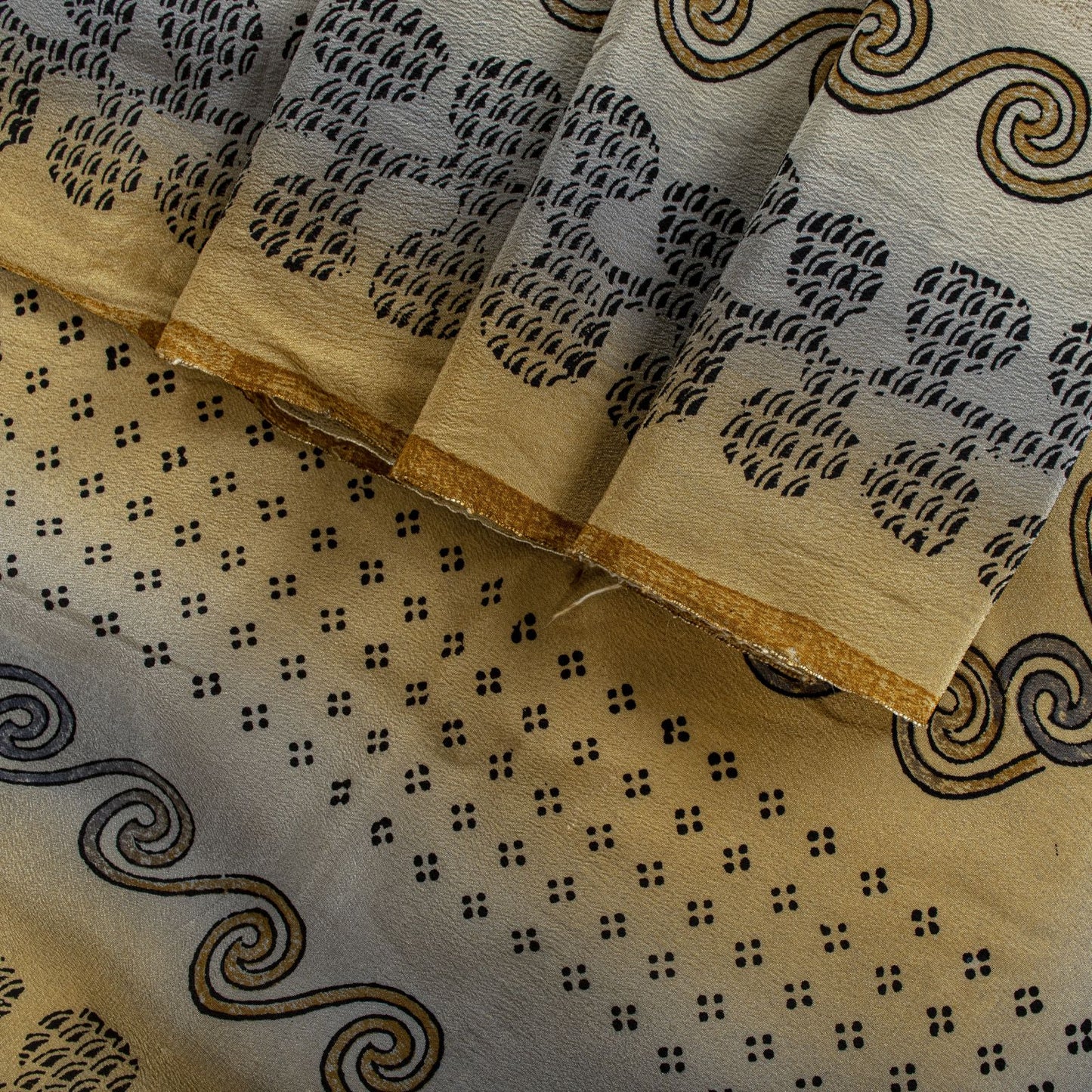 Sanskriti Vintage Saree Beige Pure Crepe Silk Floral Printed Sari 6.5+Yd Fabric