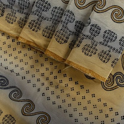 Sanskriti Vintage Saree Beige Pure Crepe Silk Floral Printed Sari 6.5+Yd Fabric
