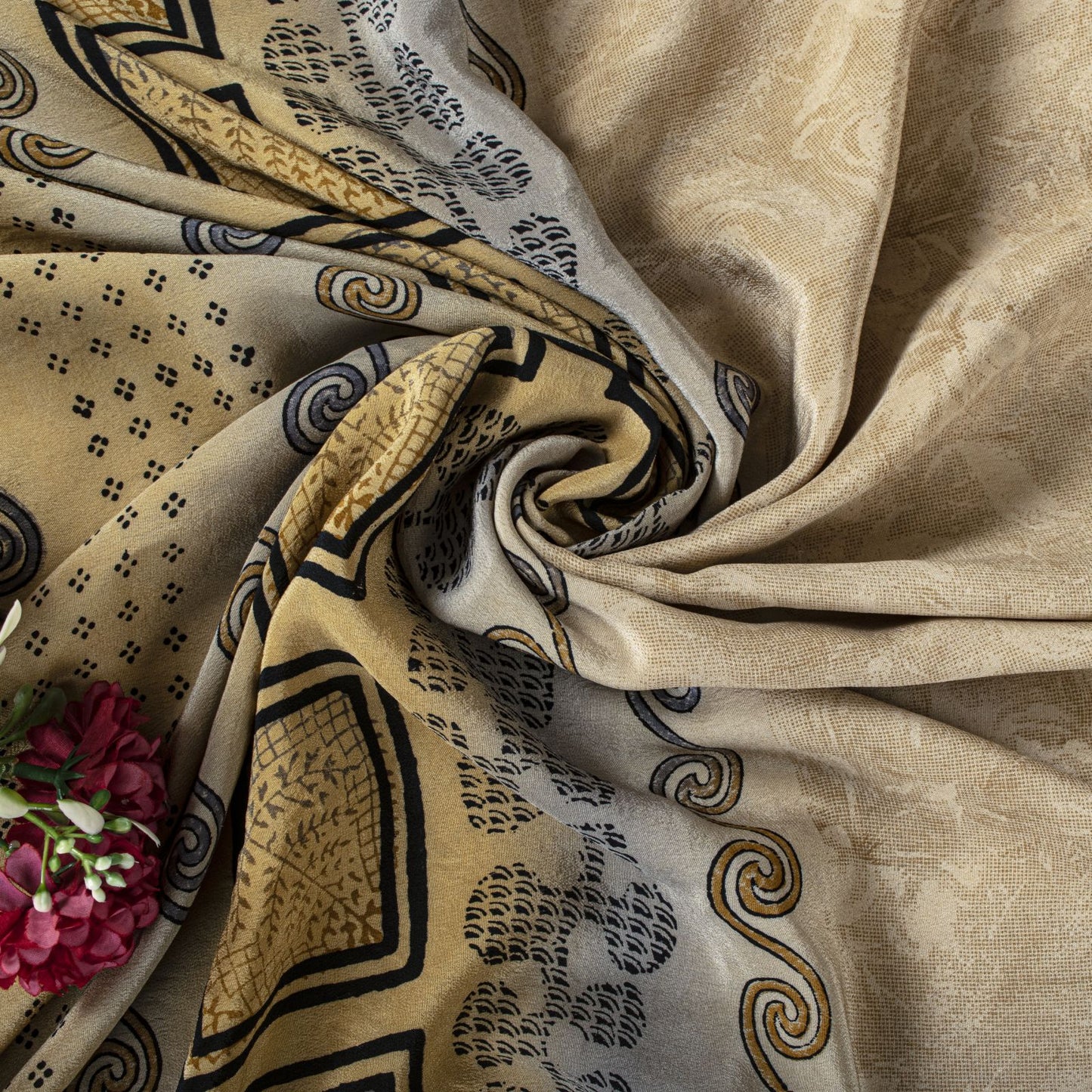 Sanskriti Vintage Saree Beige Pure Crepe Silk Floral Printed Sari 6.5+Yd Fabric