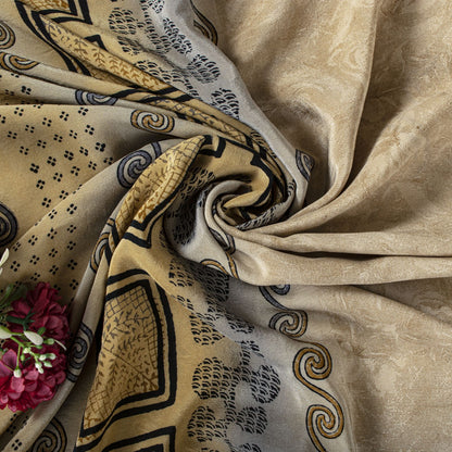 Sanskriti Vintage Saree Beige Pure Crepe Silk Floral Printed Sari 6.5+Yd Fabric