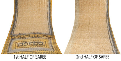 Sanskriti Vintage Saree Beige Pure Crepe Silk Floral Printed Sari 6.5+Yd Fabric