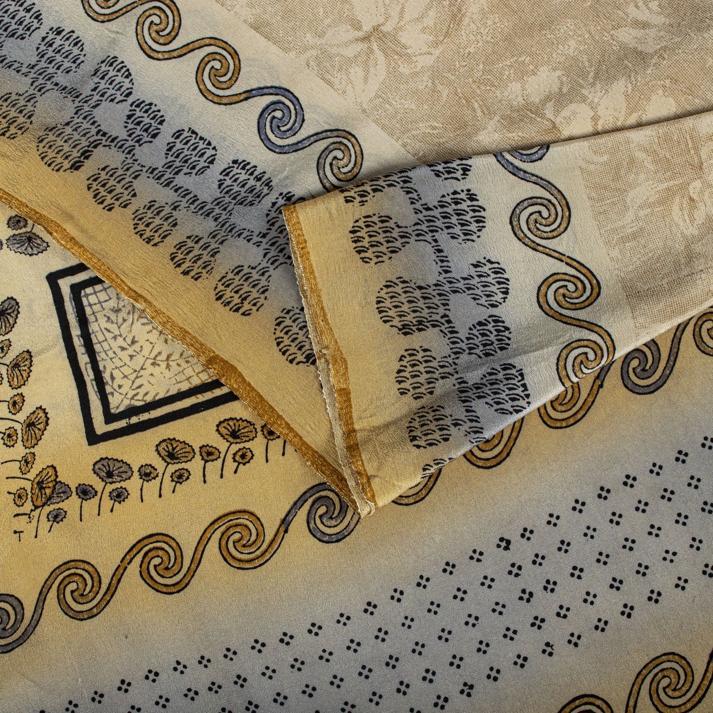 Sanskriti Vintage Saree Beige Pure Crepe Silk Floral Printed Sari 6.5+Yd Fabric