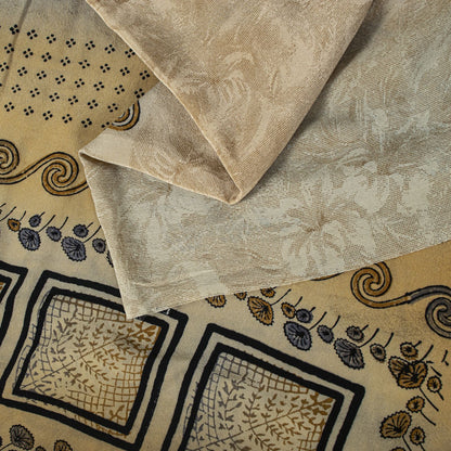 Sanskriti Vintage Saree Beige Pure Crepe Silk Floral Printed Sari 6.5+Yd Fabric
