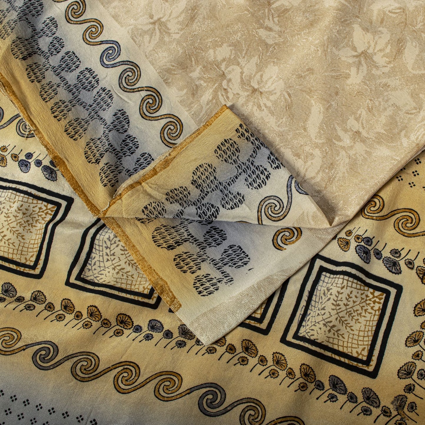 Sanskriti Vintage Saree Beige Pure Crepe Silk Floral Printed Sari 6.5+Yd Fabric