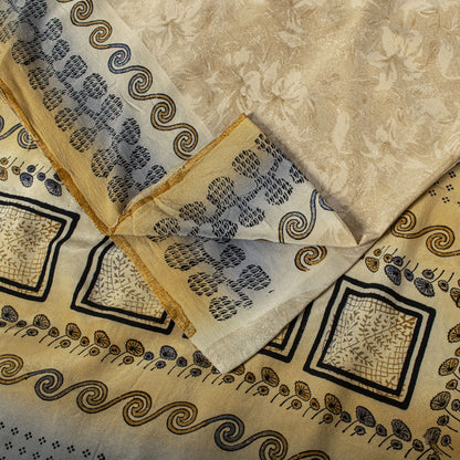 Sanskriti Vintage Saree Beige Pure Crepe Silk Floral Printed Sari 6.5+Yd Fabric